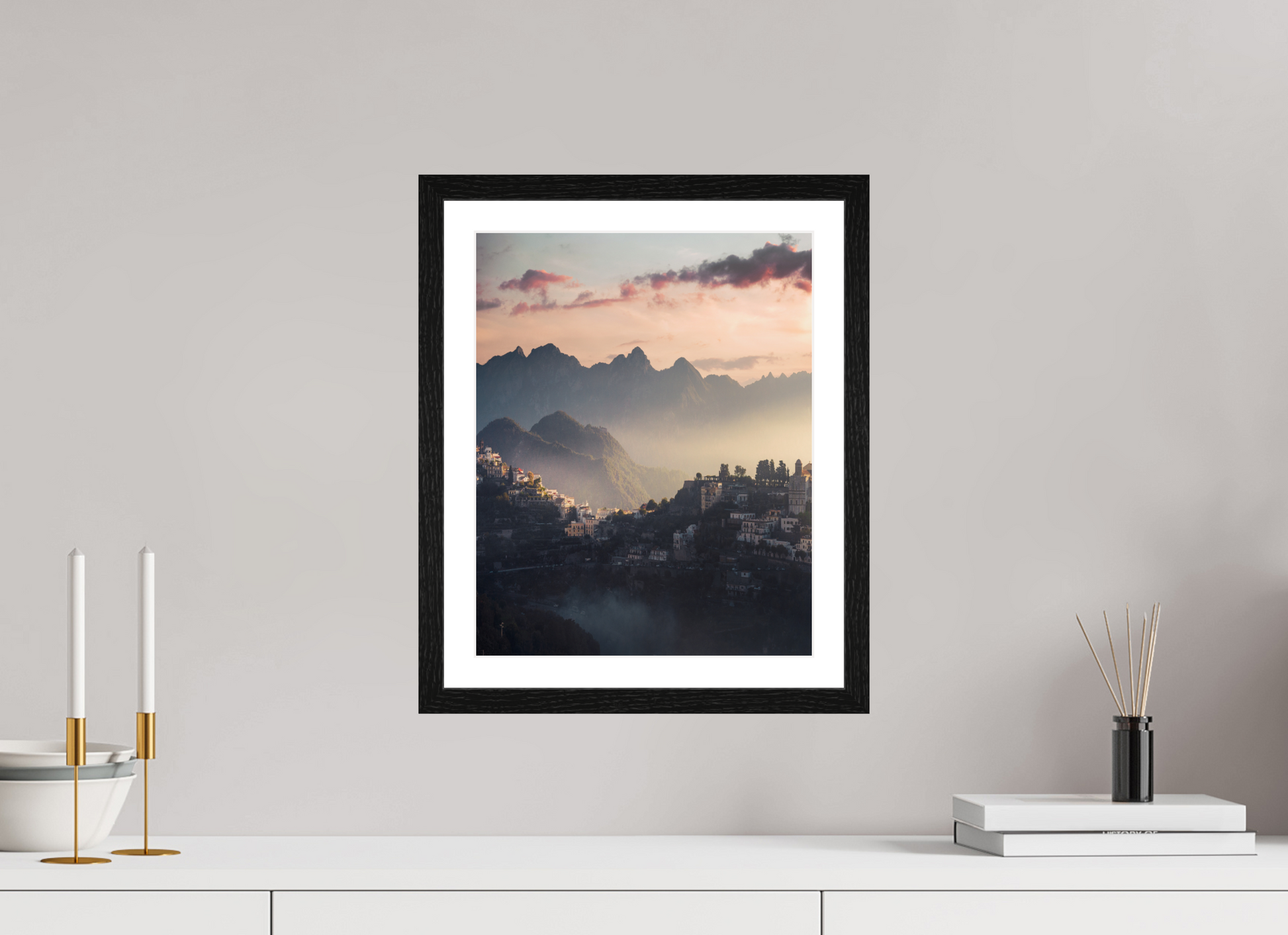 30 x 37.5 cm, Black Oak Frame Sunset over the Amalfi Coast