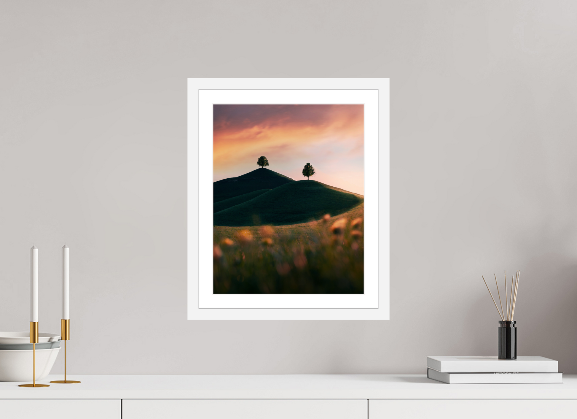 30 x 37.5 cm, White Frame Rolling Hills at Sunset