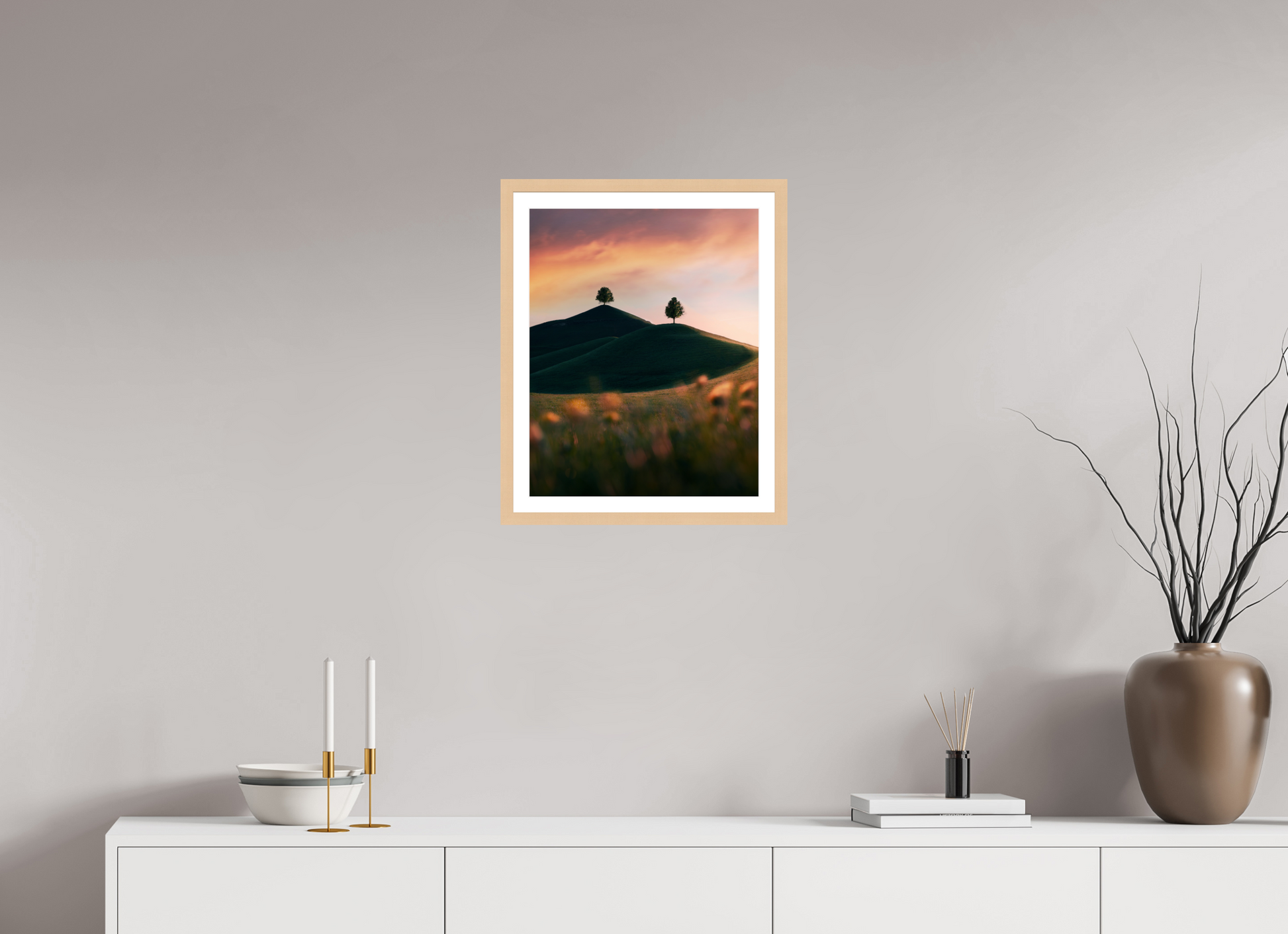 40 x 50 cm, Natural Maple Frame Rolling Hills at Sunset