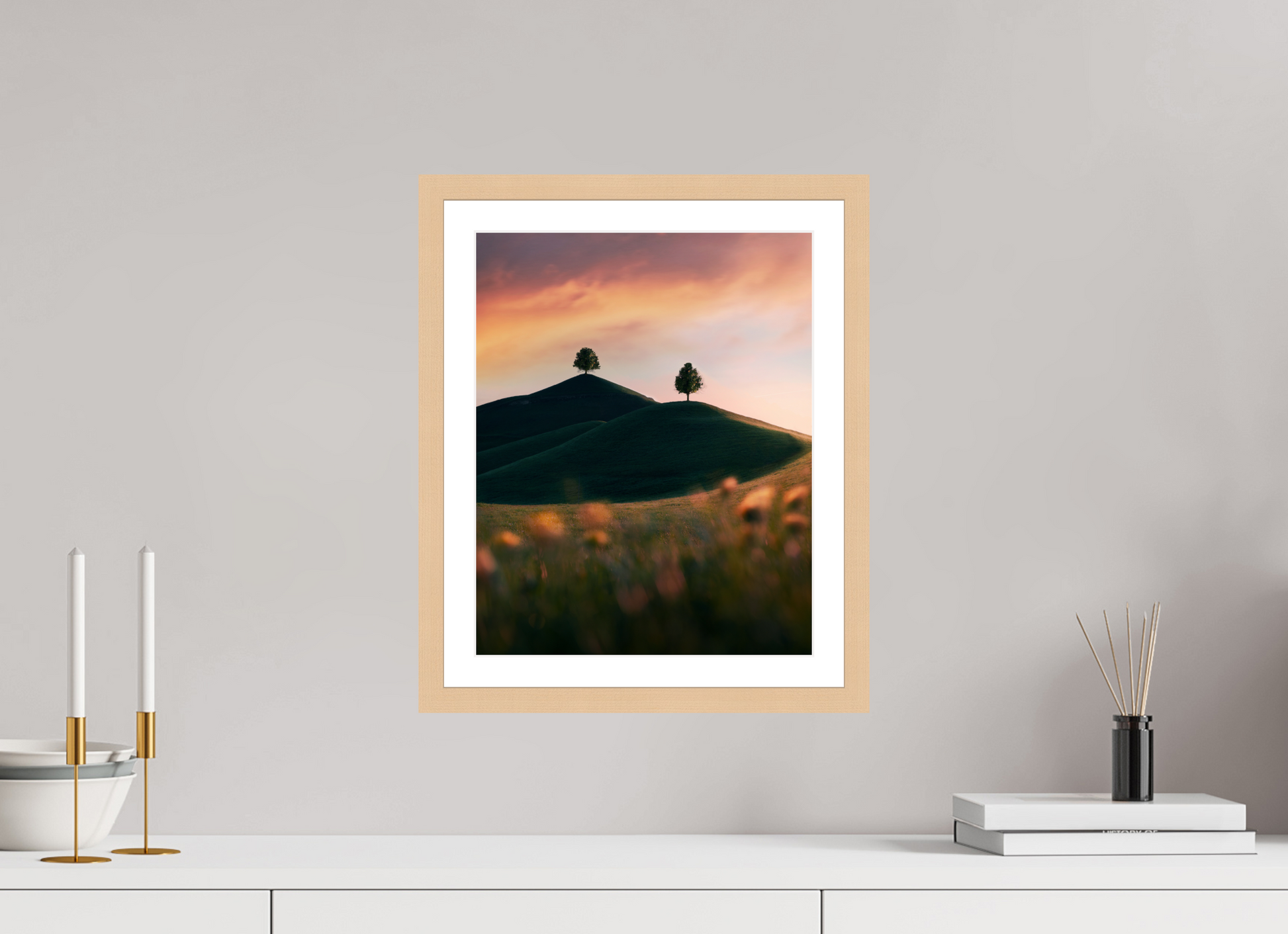 30 x 37.5 cm, Natural Maple Frame Rolling Hills at Sunset