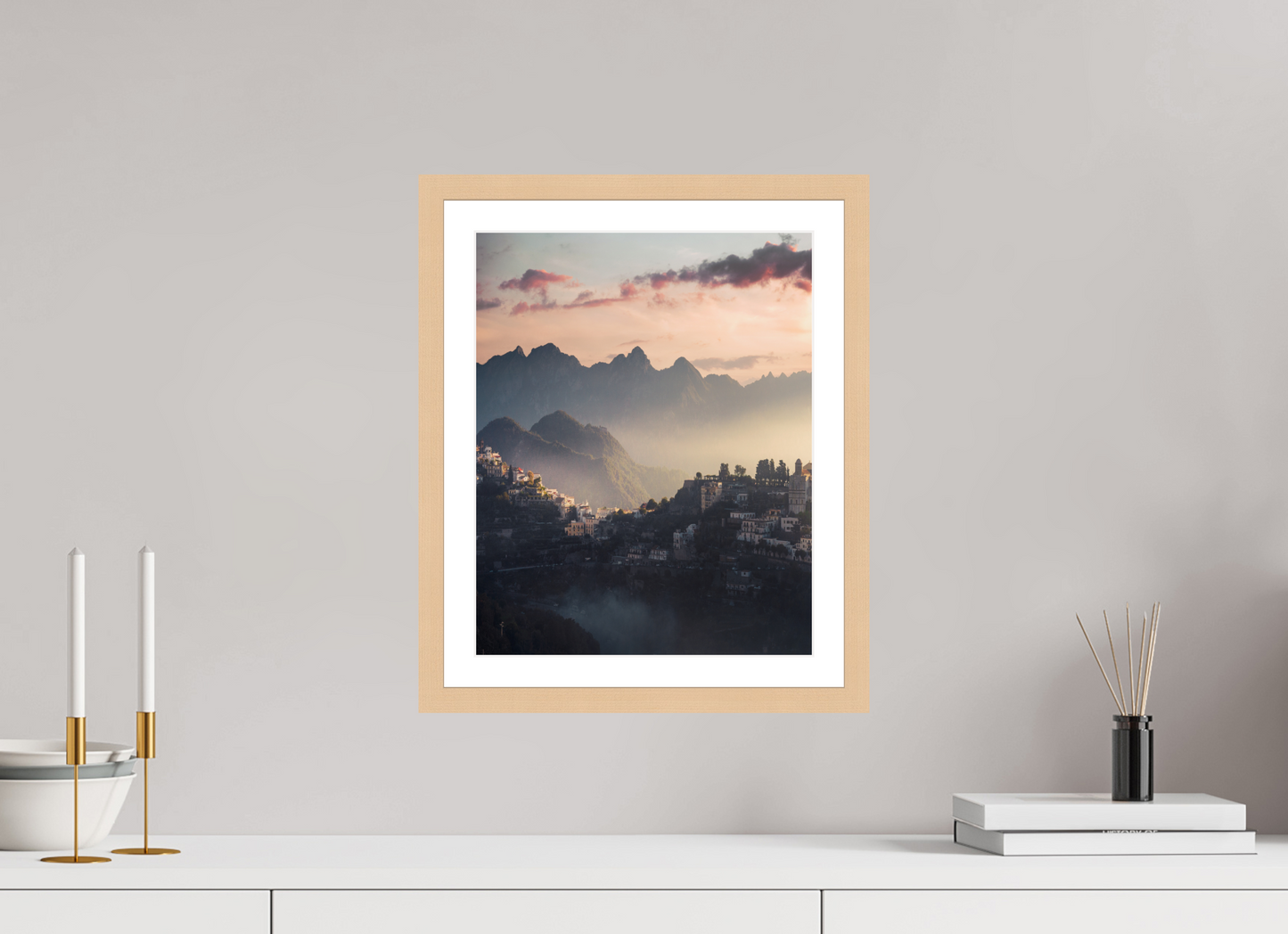 30 x 37.5 cm, Natural Maple Frame Sunset over the Amalfi Coast