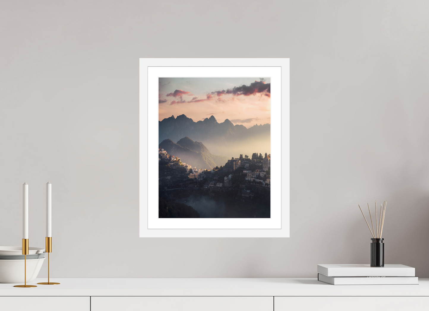 30 x 37.5 cm, White Frame Sunset over the Amalfi Coast